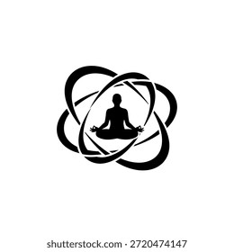 A black silhouette of a person in a lotus position, symbolizing meditation and inner peace, is enclosed by a stylized, abstract representation of an atom or orbital paths.