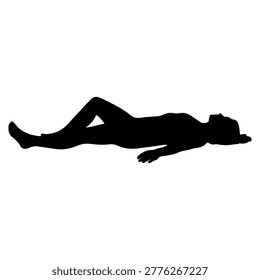 A black silhouette of a person lying down on a white background, with their legs bent and arms relaxed.