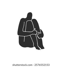 Black silhouette of a person (man, woman) sitting with knees tucked to chin. Modern flat vector illustration. Cartoon character.