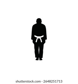 Silhueta preta de uma pessoa em um uniforme de artes marciais com um cinto branco contra um fundo branco gráfico vetor simples