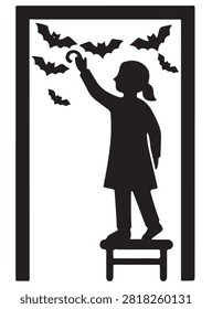 Black silhouette of person on stool within doorway reaching toward bats symbolizing halloween spooky decoration tradition