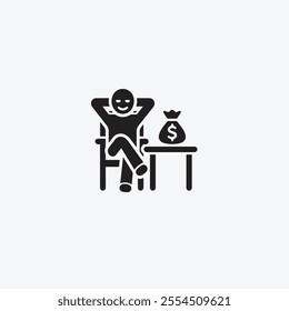 Black silhouette of a person reclining with a money bag, symbolizing financial success and leisure. Ideal for themes on wealth, prosperity, and relaxation.