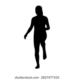 A black silhouette of a person running, captured in motion, emphasizing movement and activity against a plain white background.