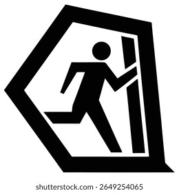 A black silhouette of a person running through a doorway is depicted within a black geometric frame on a white background.