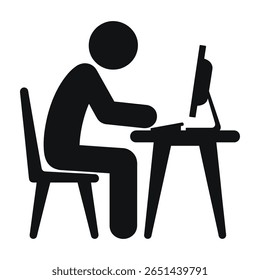Black silhouette of a person seated at a simple desk using a computer monitor keyboard. Minimalist style icon.