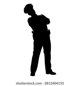 A black silhouette of a person standing with a contemplative posture, isolated on a white background, emphasizing human reflection and introspection.
