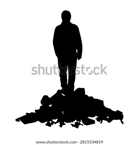 A black silhouette of a person standing on uneven rocky ground, symbolizing achievement, challenge, or solitude in a minimalist style.