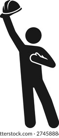 A black silhouette of a person throwing a hard hat in the air with one hand while holding their other arm across their body