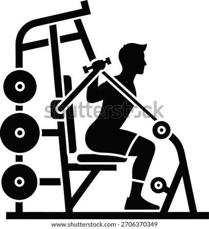 Black silhouette of a person using a squat machine in a gym. Fitness and strength training equipment illustration.