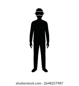 Silhueta preta de uma pessoa usando um fone de ouvido VR contra um fundo branco simples ilustração vetorial