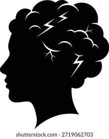 Silueta negra de la cabeza de una persona con símbolos de rayos blancos y grietas para ilustrar dolor de cabeza, ansiedad, depresión o lluvia de ideas creativas. Ilustración vectorial