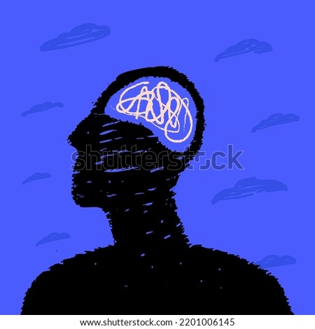 A black silhouette of a person's head with a tangled knot inside, a metaphor for mental disorder, dementia, schizophrenia.
