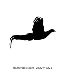 Black silhouette of a pheasant in flight, with wings spread and long tail feathers, isolated against a white background.