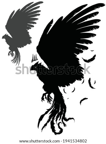 A black silhouette of a phoenix bird with a long tail and huge wings, it has clawed paws, and a crown hovers over its head. 2d illustration
