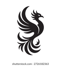 a black silhouette of a phoenix bird with spread wings and tail feathers