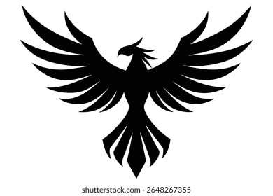 Silhueta preta de uma fênix levantando-se contra um fundo branco vetor ilustração estilizado com asas angulares afiadas e penas da cauda