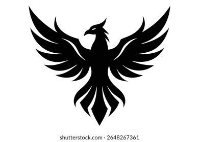 Silhueta preta de uma fênix levantando-se sobre um fundo branco. A ilustração vetorial apresenta asas detalhadas e um corpo estilizado. O estilo é nítido e gráfico.