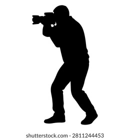 Black silhouette of a photographer aiming a camera, capturing moments, emphasizing photography, creativity, and visual storytelling.