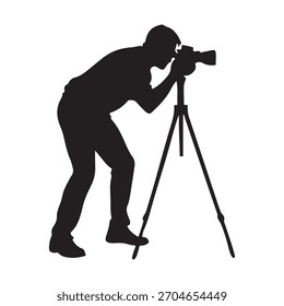 Black Silhouette Photographer Using Tripod Camera White Background