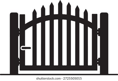 Silueta negra de una puerta de piquete con puntas puntiagudas y un cerco de piquete de cerrojo de fondo blanco