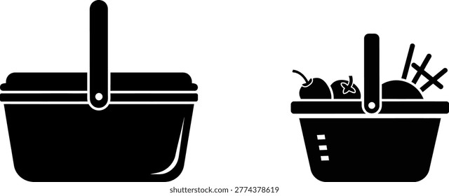 Black silhouette picnic baskets empty and filled with food