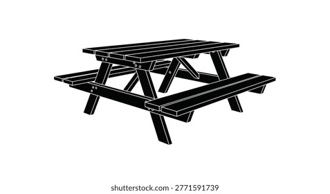 a black silhouette of a picnic table with attached benches, shown against a white background. the design is simple and minimalistic. high-quality professional detailed