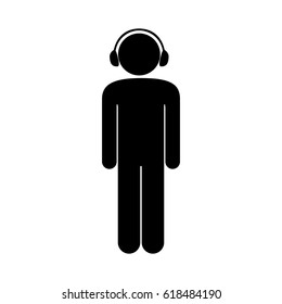 black silhouette pictogram male with headphones vector illustration