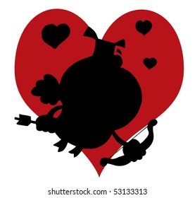 Black Silhouette Of A Pig Cupid In Front Of A Red Heart