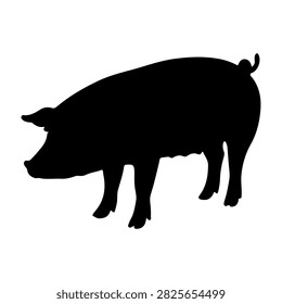 A black silhouette of a pig facing left, highlighting its shape and features without background distractions.