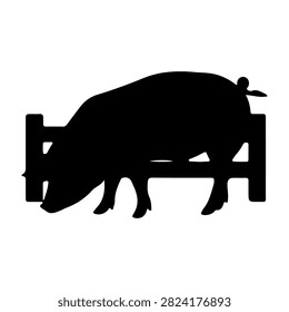 Black silhouette of a pig lying on a wooden bench, highlighting farm animal relaxation and rural life themes.