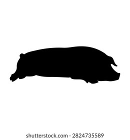 A black silhouette of a pig in profile view, showcasing its distinctive shape and features, set against a plain white background.