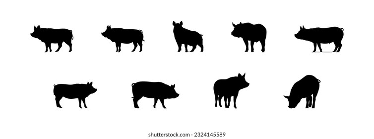Black silhouette pig set flat cartoon isolated on white background. Vector illustration