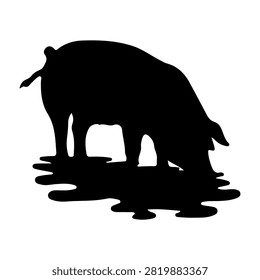 Black silhouette of a pig standing and drinking water from a puddle on the ground, isolated on a white background.