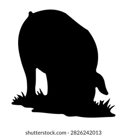 A black silhouette of a pig standing and grazing on grass in a natural outdoor setting, emphasizing farm life and animal behavior.