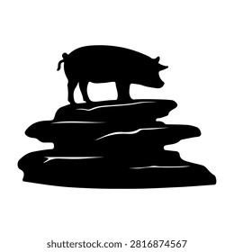 Black silhouette of a pig standing on rocks, representing wildlife and nature environment, with a plain white background emphasizing the animals shape.