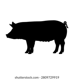A black silhouette of a pig standing in profile against a plain white background, highlighting its shape and features.