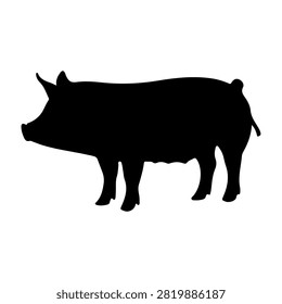 A black silhouette of a pig standing in profile, highlighting its shape and features against a plain white background.
