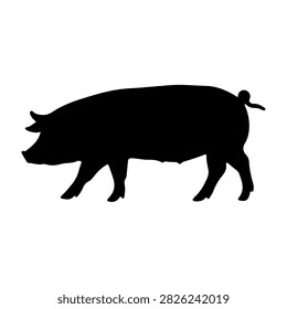 A black silhouette of a pig standing in profile against a plain white background, emphasizing its shape and features.