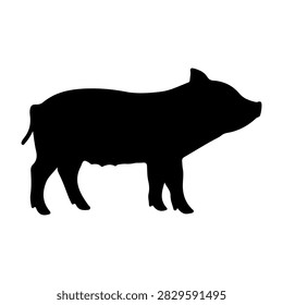 A black silhouette of a pig standing in profile against a plain white background, emphasizing the animals shape and features.