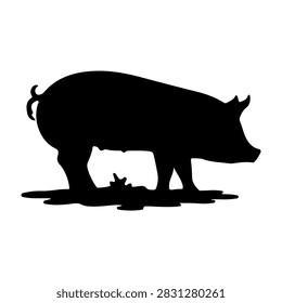 Black silhouette of a pig with a tiny piglet standing on the ground, highlighting farm animal and livestock themes in a simple style.
