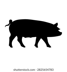 A black silhouette of a pig viewed from the side, suitable for wildlife, farming, and animal conservation contexts.