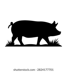 Black silhouette of a pig walking on grass, isolated on white background, emphasizing shape and form in a minimalistic style.