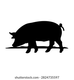 Black silhouette of a pig walking on a small animal, emphasizing shape and form against a plain background.