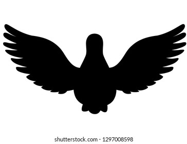 Black silhouette. Pigeon bird flying, pigeon flaps its wings, front view. Flat cartoon character design. Colorful bird icon. Cute pigeon template. Vector illustration isolated on white background.