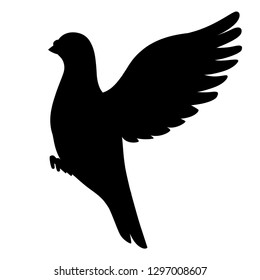 Black silhouette. Pigeon bird flying, pigeon flaps its wings. Flat cartoon character design. Colorful bird icon. Cute pigeon template. Vector illustration isolated on white background.