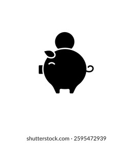 Black silhouette piggy bank with coin inserted on top, featuring a cute curly tail design.