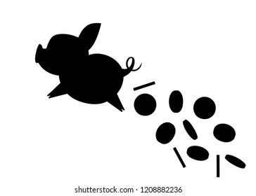 Black silhouette. Piggy bank flying and drop coin. The concept of saving or save money or open a bank deposit. Flat vector illustration isolated on white background.