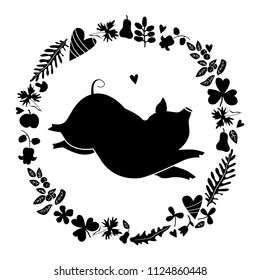 Black silhouette of piggy in frame of flowers, leawes, hearts and other elements. Card with pig, symbol of chinese new year 2019. Cute print with  natural shapes.