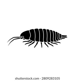 A black silhouette of a pill bug, also known as a roly-poly or woodlouse, on a white background.