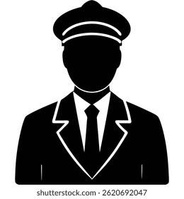 A black silhouette of a pilot in uniform, wearing a cap, conveying a sense of authority and professionalism